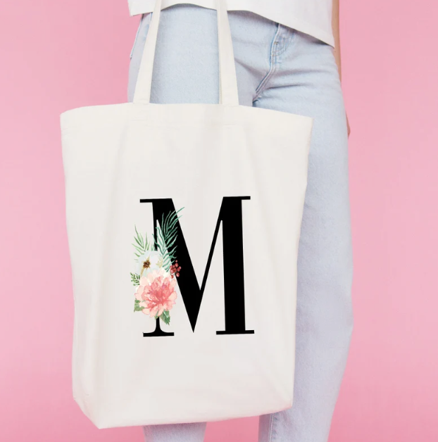 Saco de compras grande com inicial personalizado, saco grande para compras, saco universitário, saco de compras de algodão personalizado, saco grande para livros, saco personalizado com inicial e flores