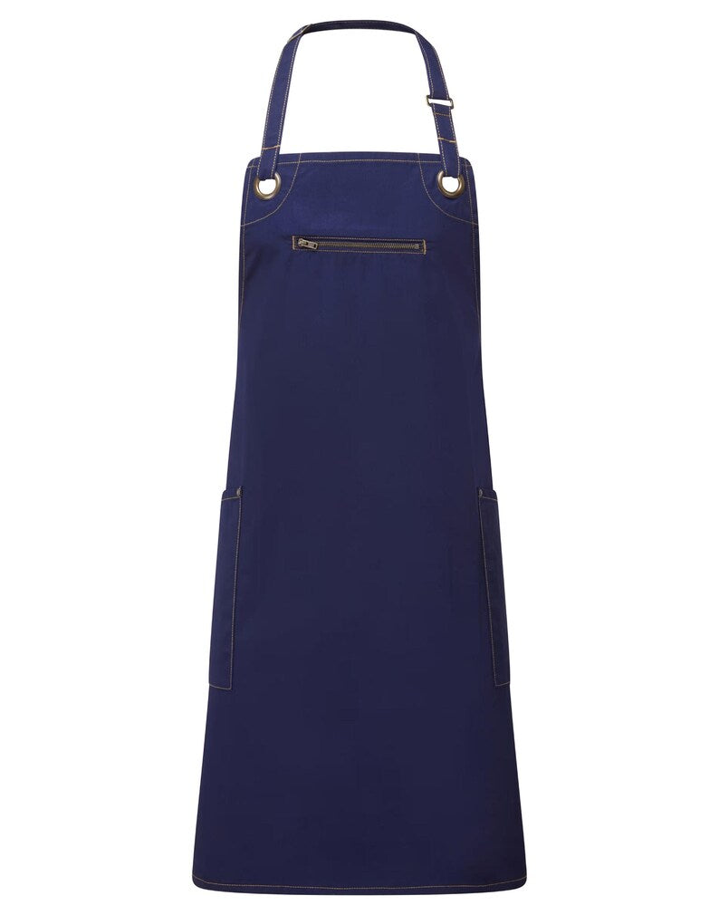 Avental azul com bolso com fecho e costura cor camel