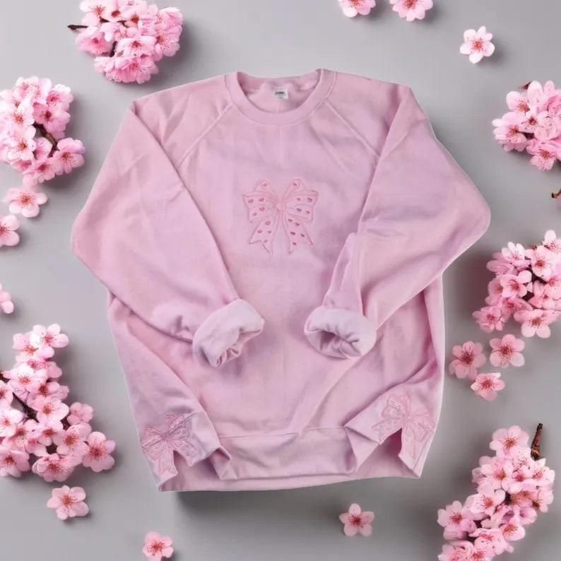 Light Pink Sweatshirt with Pink Bow Embroidery