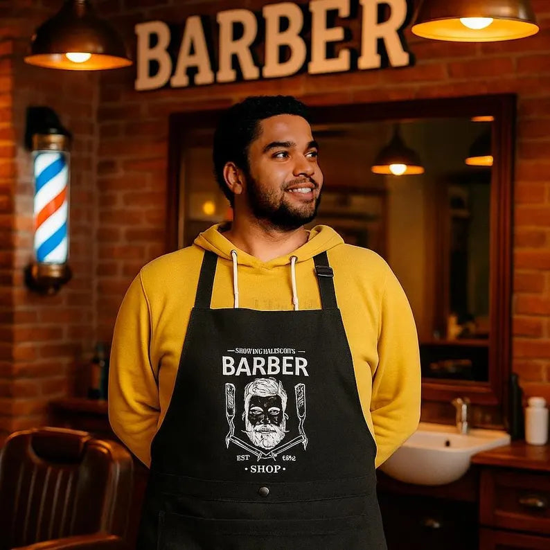 Personalized black barber apron, apron with 2 pockets, personalized service apron, adjustable apron, apron with your logo