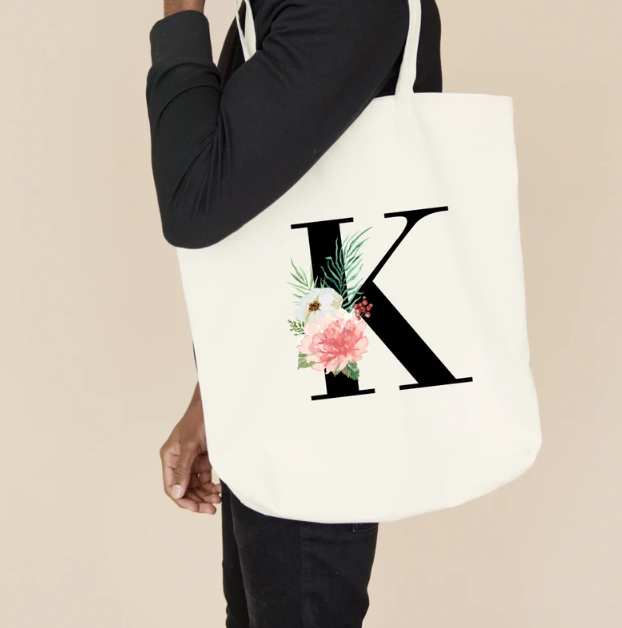 Saco de compras grande com inicial personalizado, saco grande para compras, saco universitário, saco de compras de algodão personalizado, saco grande para livros, saco personalizado com inicial e flores