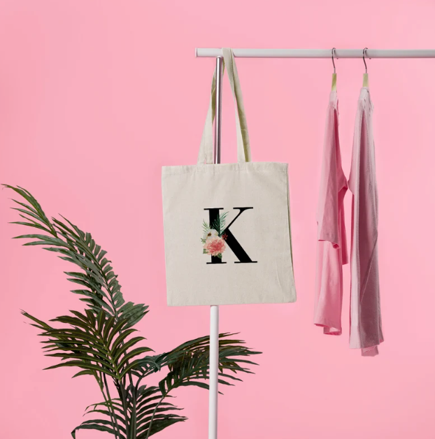Saco de compras grande com inicial personalizado, saco grande para compras, saco universitário, saco de compras de algodão personalizado, saco grande para livros, saco personalizado com inicial e flores