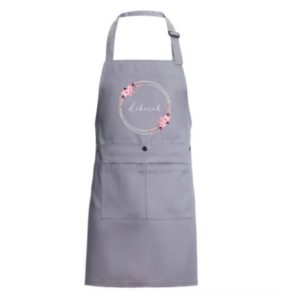 Personalised grey apron with flowers, adjustable unisex apron