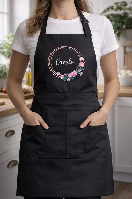 Avental preto personalizado com flores, avental com 2 bolsos, avental de servir personalizado, avental ajustável, presente para o Dia da Mãe, avental unissexo, para ela