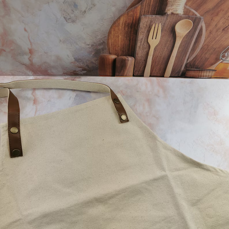 Personalized Chef Apron with Leather Straps – Custom Name Barber Apron – Premium Cotton Kitchen Apron – Gift for Him