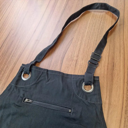 Black barista apron with adjustable strap