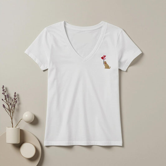 T-shirt com Bordado de Cãozinho e Balões de Coração