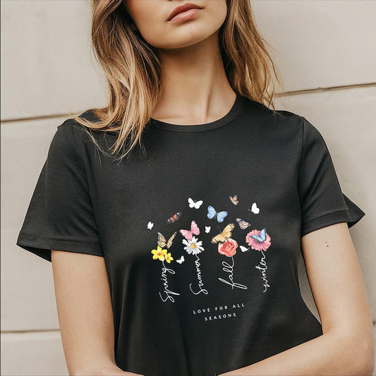 T-shirt com Design de Flores e Estações