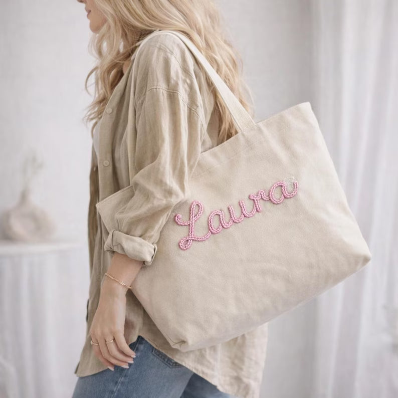 Personalized Bridesmaid Tote Bag, Custom Name Embroidered Canvas Bag, Bridal Party Gift, Wedding Tote, Hen Party Favour