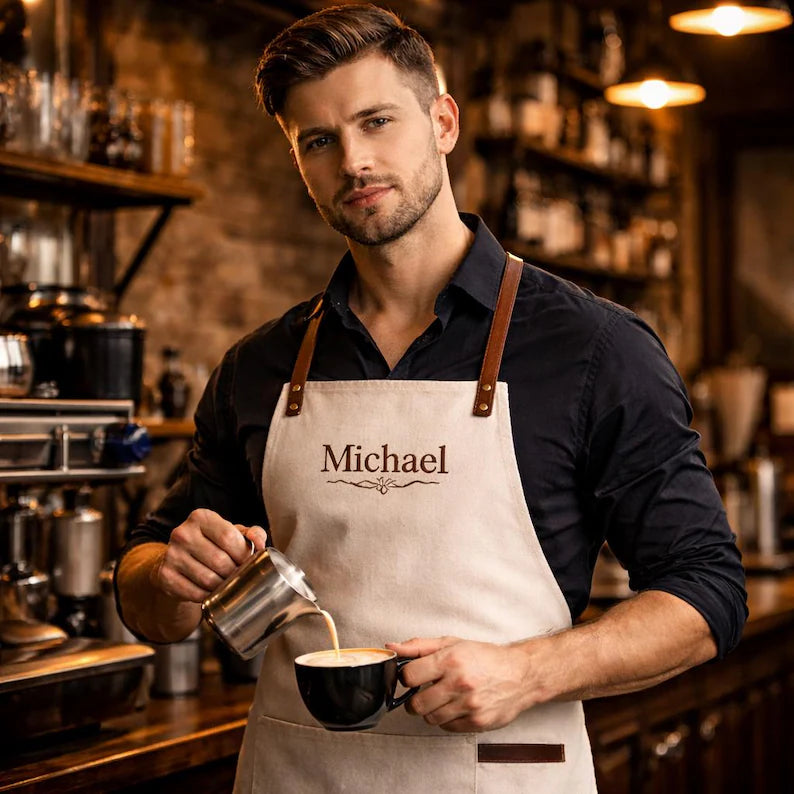 Personalized Chef Apron with Leather Straps – Custom Name Barber Apron – Premium Cotton Kitchen Apron – Gift for Him
