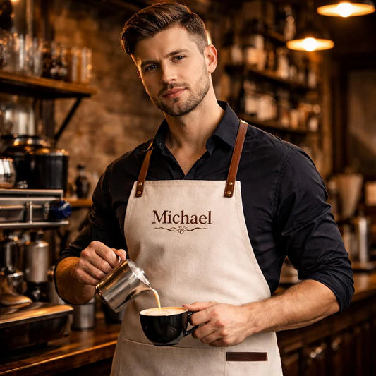 Personalized Chef Apron with Leather Straps – Custom Name Barber Apron – Premium Cotton Kitchen Apron – Gift for Him