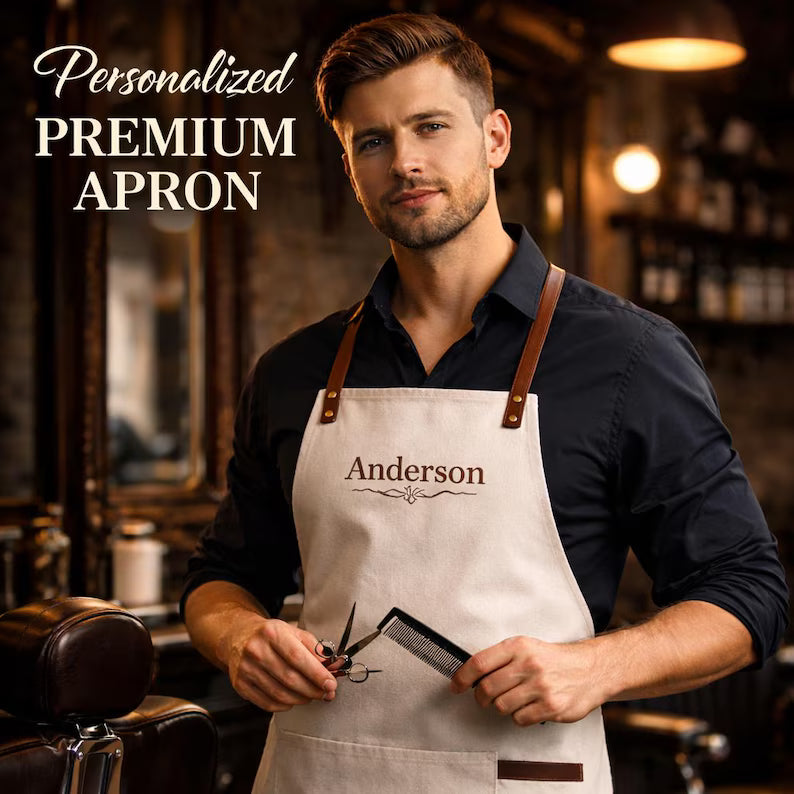 Personalized Chef Apron with Leather Straps – Custom Name Barber Apron – Premium Cotton Kitchen Apron – Gift for Him