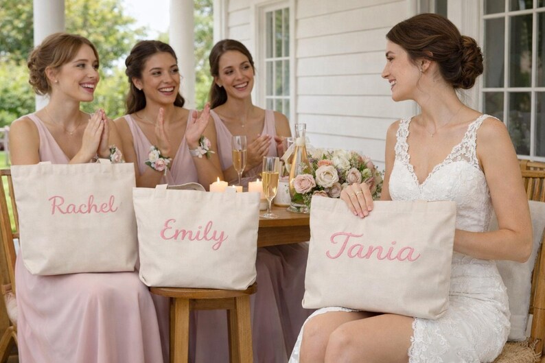 Personalized Bridesmaid Tote Bag, Custom Name Embroidered Canvas Bag, Bridal Party Gift, Wedding Tote, Hen Party Favour