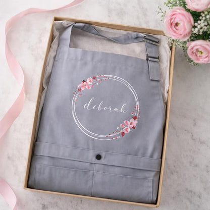 Personalised grey apron with flowers, adjustable unisex apron