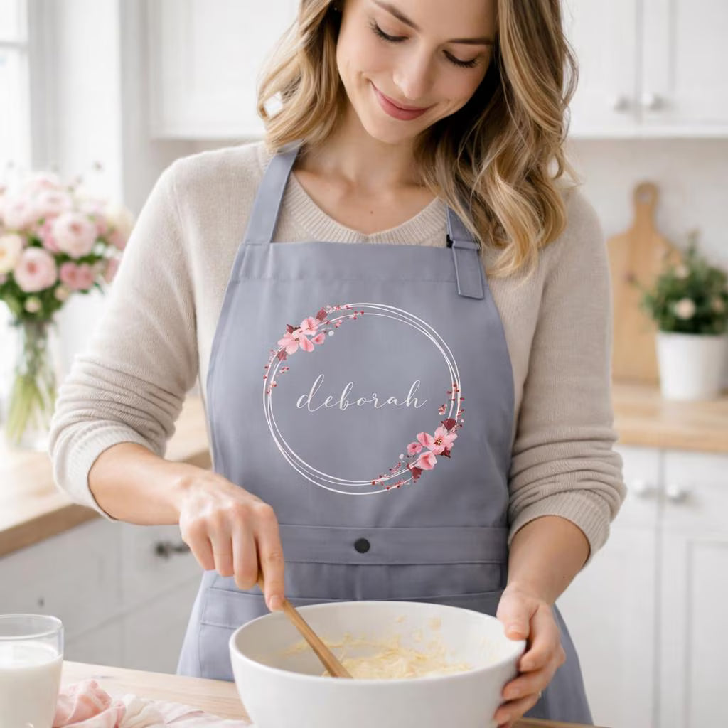 Personalized Grey Apron with Flowers, Adjustable Unisex Apron